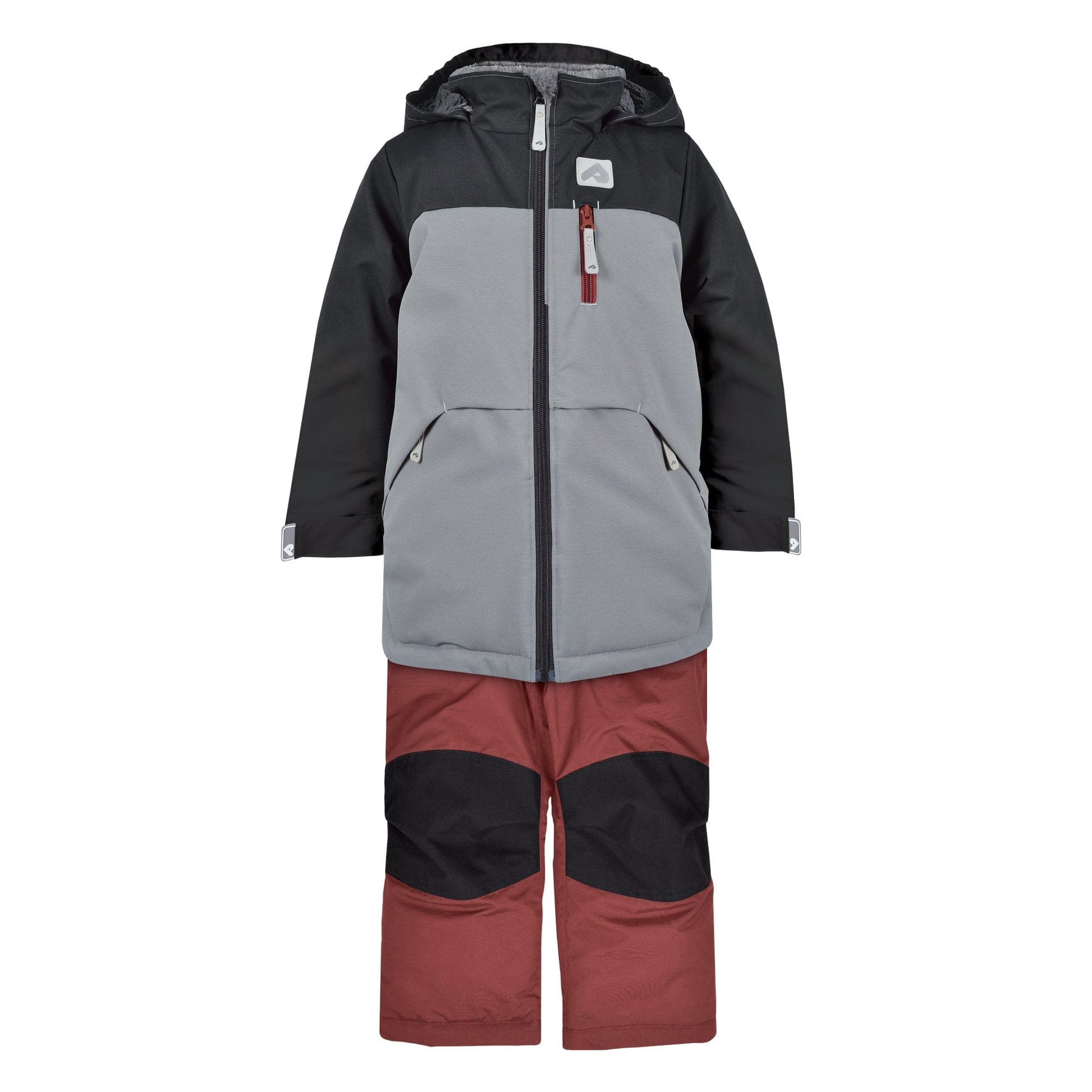 A two-piece kid snowsuit with the upper part in black and slate colors and the lower part in grenat color, featuring a hood, zippered front, and snow cuffs.