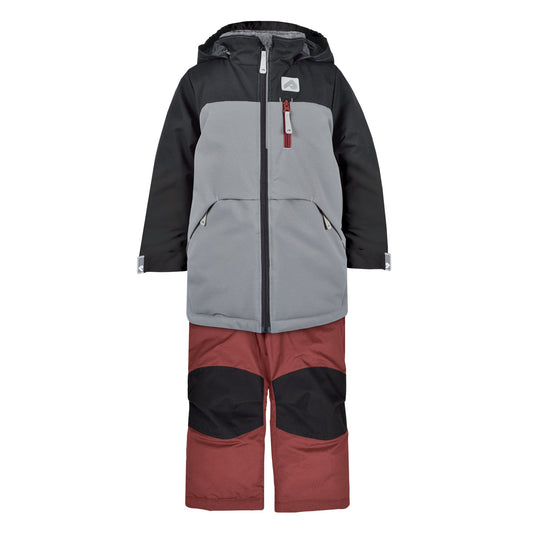 A two-piece kid snowsuit with the upper part in black and slate colors and the lower part in grenat color, featuring a hood, zippered front, and snow cuffs.