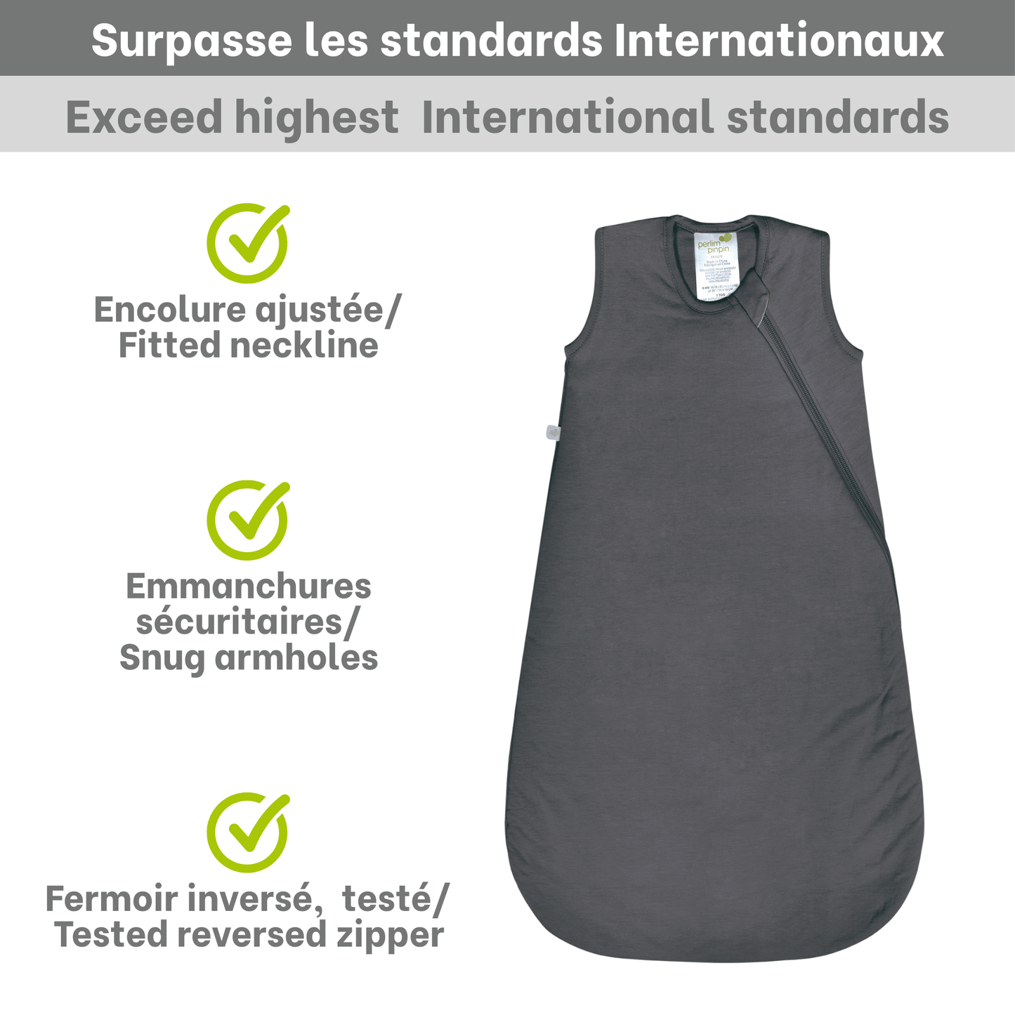 Quilted bamboo sleep sack - Charcoal (1.0 tog)