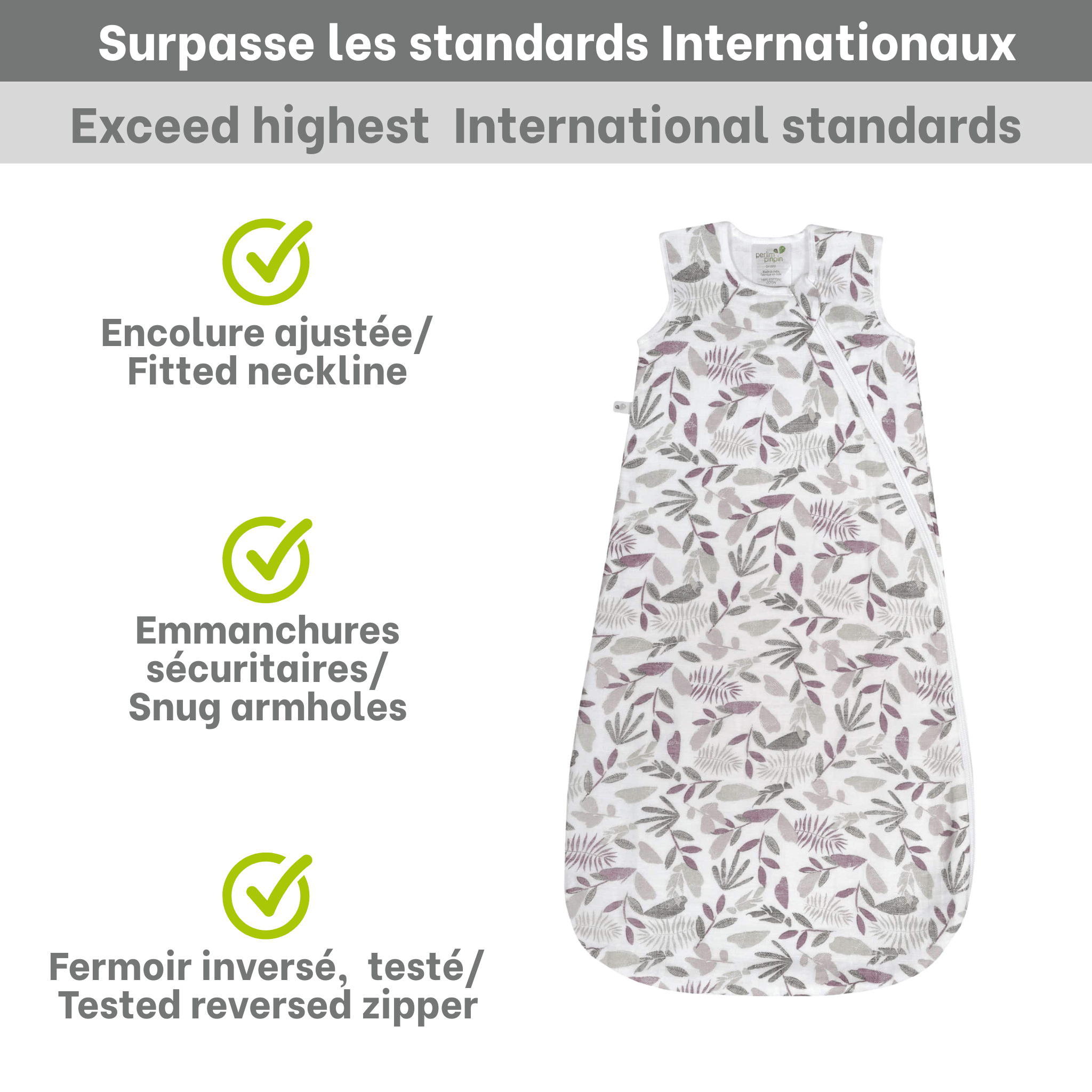 Sac de nuit mousseline de coton - feuilles prunes (0.7 tog)