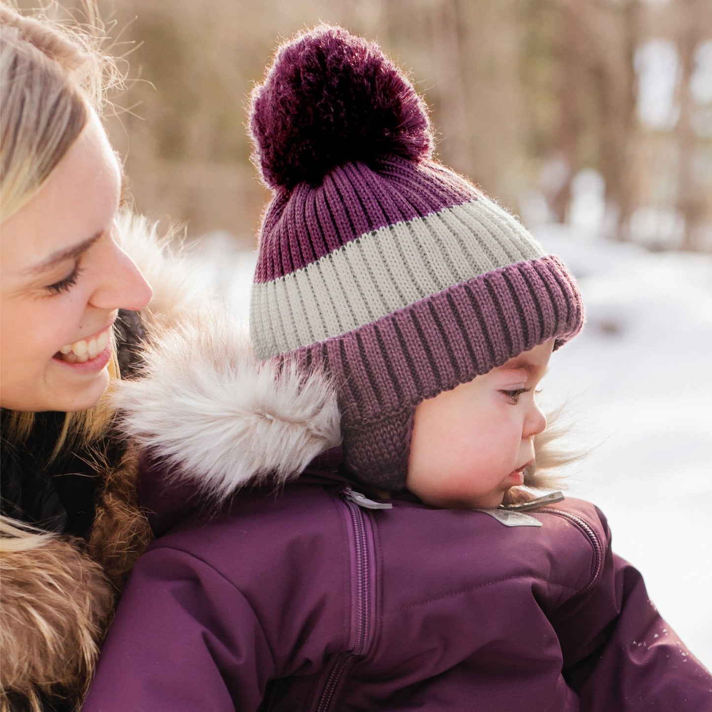 Tuque d'hiver avec pompon détachable et cordon - Shiraz, Crème & Blush