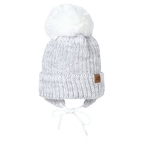 Tuque d'hiver avec pompon détachable et cordon - Blanc & Gris Pâle