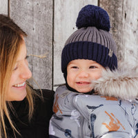 Tuque d'hiver avec pompon détachable et cordon - Gris & Marine