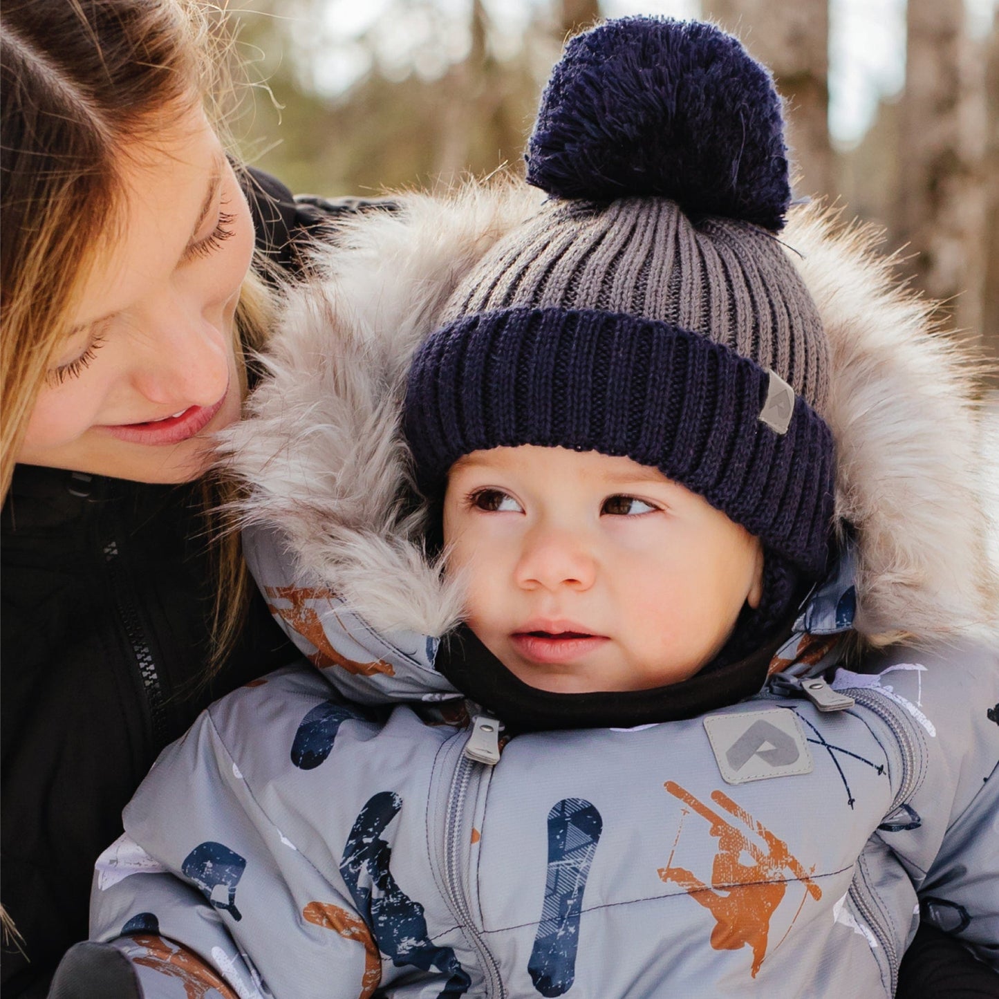 Tuque d'hiver avec pompon détachable et cordon - Gris & Marine