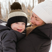 Tuque d'hiver avec pompon détachable et cordon - Kaki, Beige & Noir