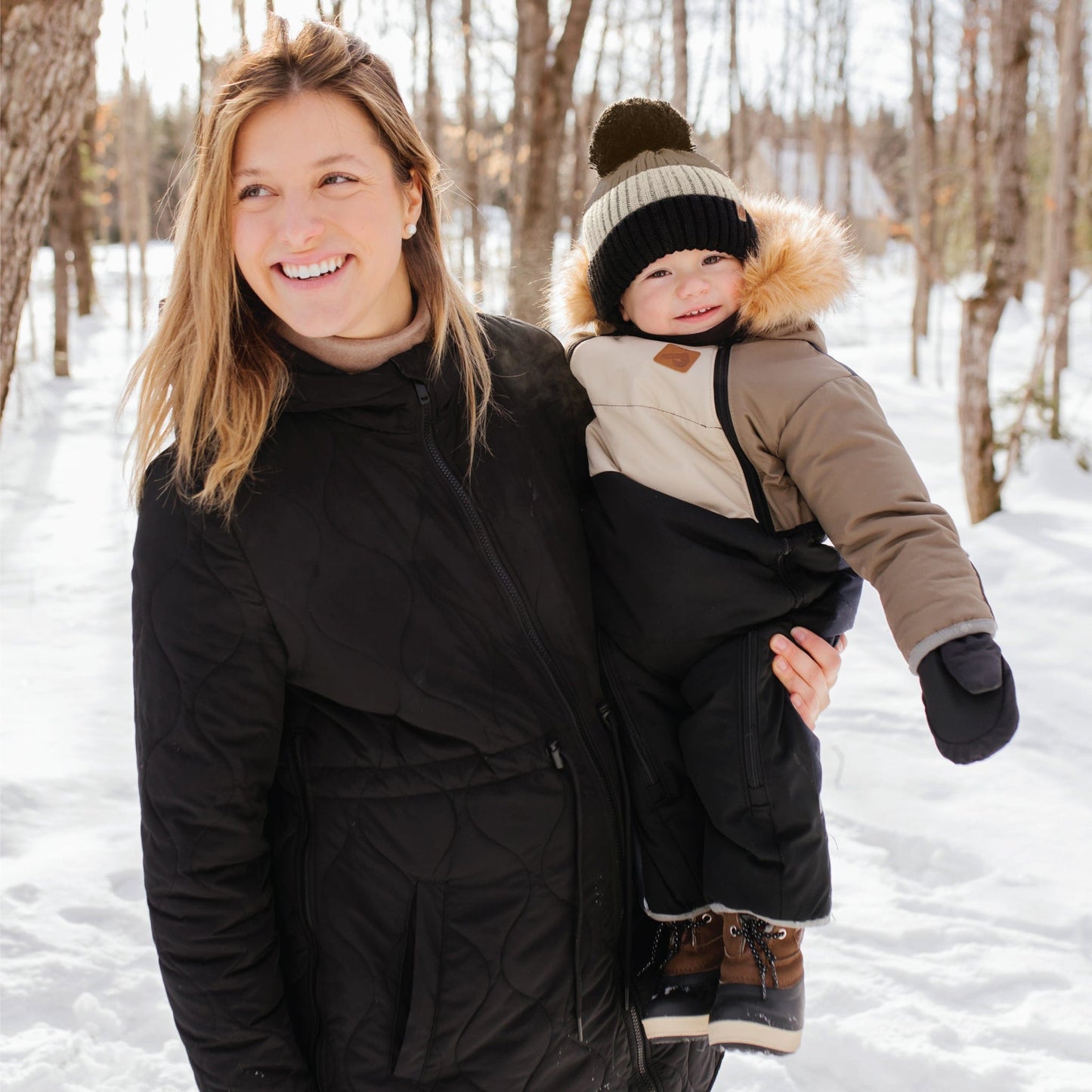 Tuque d'hiver avec pompon détachable et cordon - Kaki, Beige & Noir