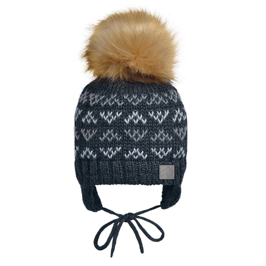 Winter hat with strings and removable pompom - Charbon