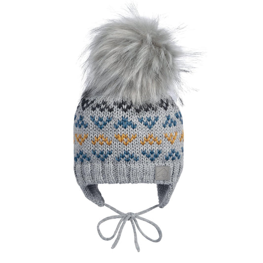 Winter hat with strings and removable pompom - Light gray