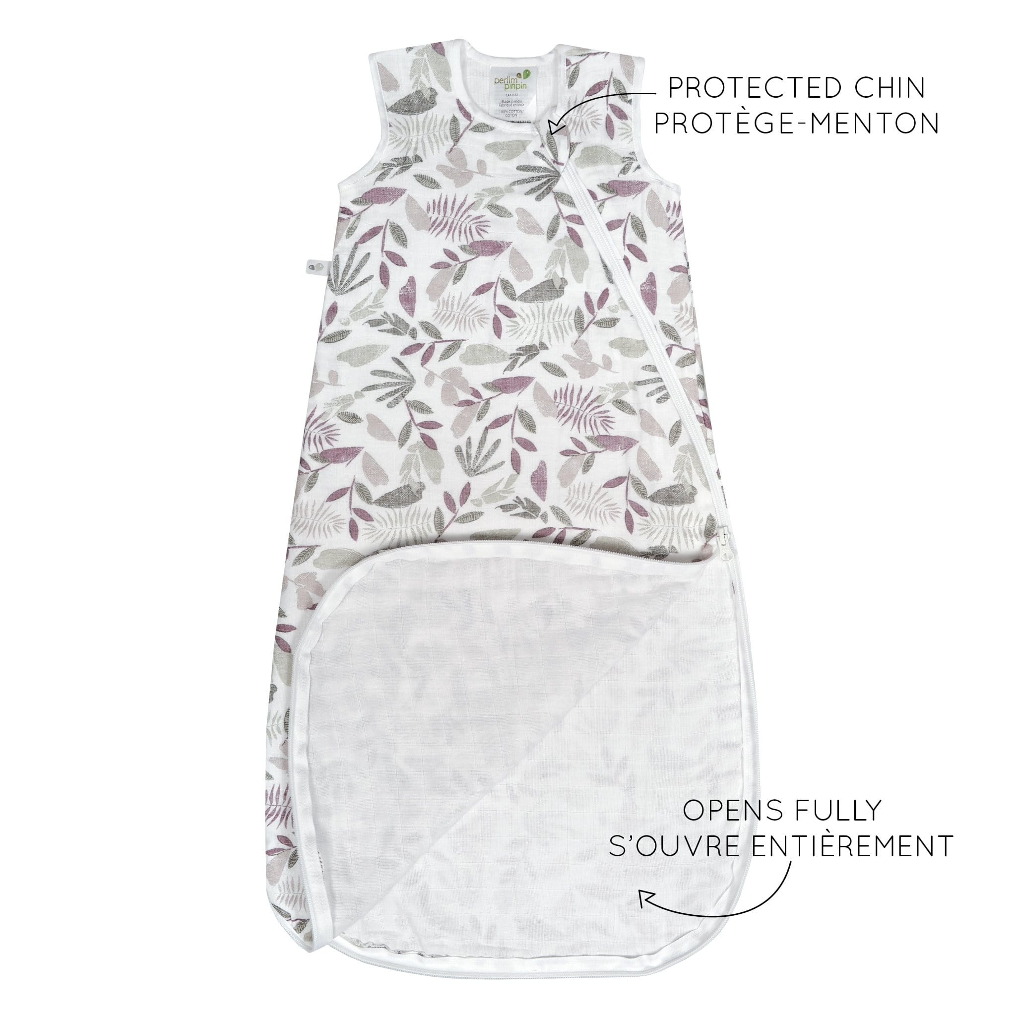 Sac de nuit mousseline de coton - feuilles prunes (0.7 tog)