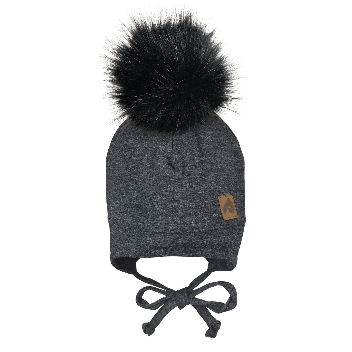 Hat with ear covers and pompom - Black chiné