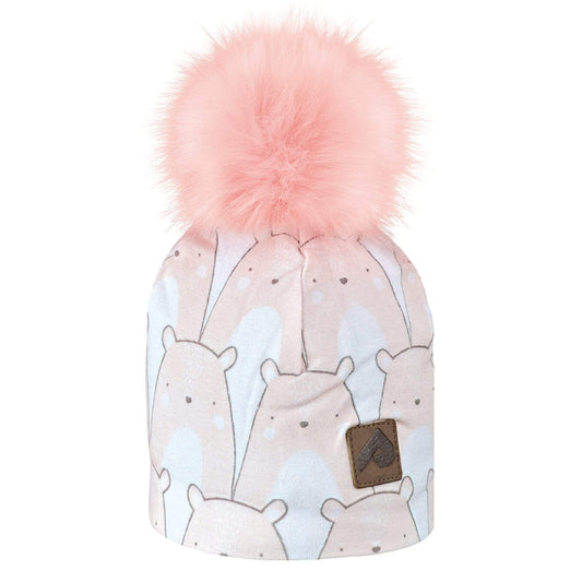 Cotton beanie with fleece lining - bears pink